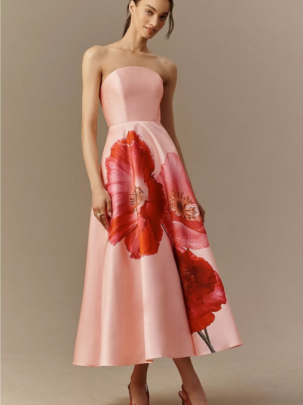Mac Duggal Pink Strapless A-Line Midi Dress with Red Floral Print
